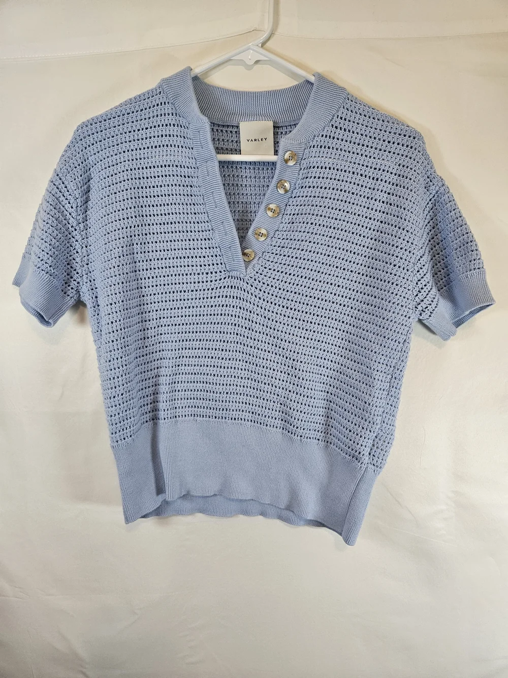 Varley Light Blue Crochet Crop Top with Button Placket